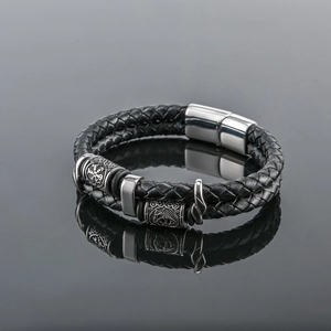 Men's double-layered braided black leather bracelet with Viking-style stainless steel charms