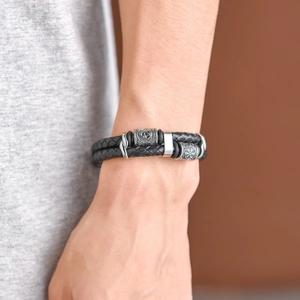 Men's Viking style double-layer braided leather bracelet with carved stainless steel charms