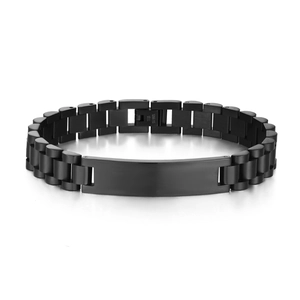 Matte black stainless steel ID bracelet with watch band links and rectangular plate