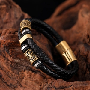 Bracelet double en cuir tressé noir pour homme avec fermoir magnétique doré Viking