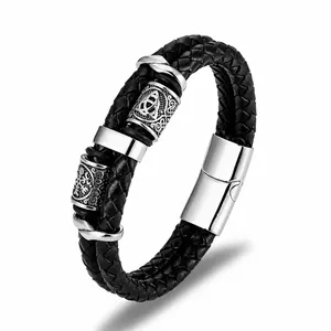 Men's double-layered braided leather bracelet with Nordic Viking engraved metal beads