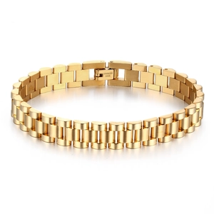 Polished gold stainless steel link bracelet with 18k gold finish and folding clasp