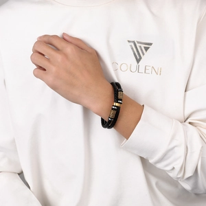 Bracelet double tour en cuir tressé noir pour homme avec perles ciselées or et argent