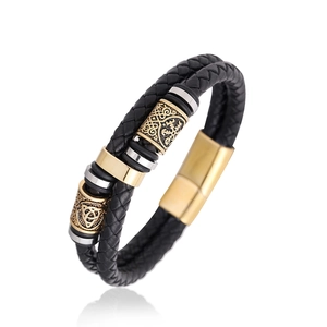 Bracelet Homme en Cuir Tressé avec Fermoir Magnétique en Acier Inoxydable Boussole Viking Vegvisir Nœud Celtique Bijoux