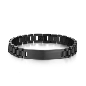 Matte black stainless steel watch band bracelet with engravable blank ID plate for men