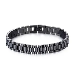 Black 12mm stainless steel watch band style bracelet with matte finish and fold-over clasp