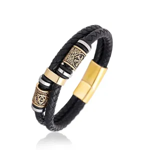 Bracelet Viking nordique en cuir tressé double avec fermoir magnétique doré