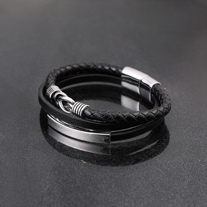 Multilayer black woven leather bracelet with polished stainless steel magnetic clasp