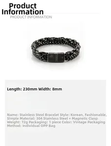 Détail du bracelet tressé en acier 304 inoxydable avec longueur 230mm et fermoir aimanté
