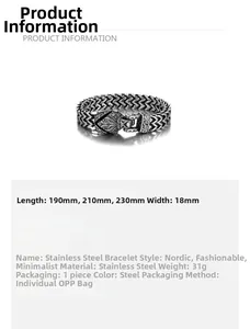 Detailed specs of Viking stainless steel wolf head bracelet with sizes and weight info