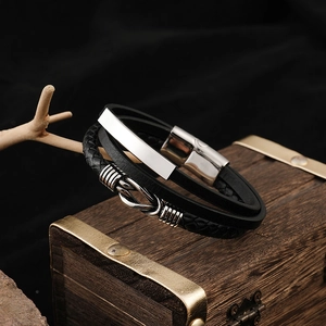Men's multi-layer braided leather bracelet with silver stainless steel clasp and metal plate