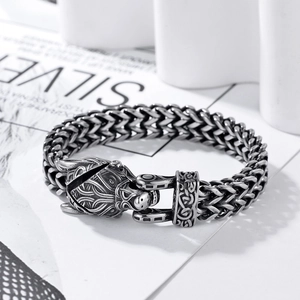 Nordic Viking stainless steel wolf head bracelet with thick braided chain in retro punk style