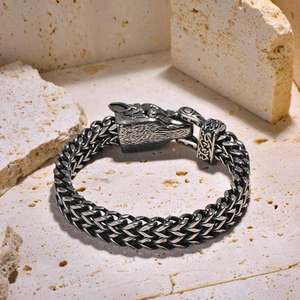 Nordic Viking wolf head stainless steel men's bracelet with heavy braided chain link