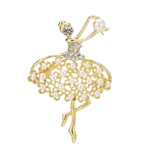 Eleganter vergoldeter Ballettmädchen-Brosche mit weißen Perlen und Strasssteinen