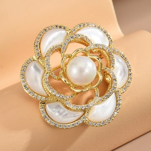 Broche Fleur de Camélia Vintage Avec Incrustation de Coquillage et Künstliche Perle Zircon Plaqué Or Élégant Pin's pour Costume Manteau Bijoux Femme