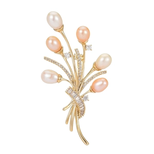 Elegant gold flower bouquet brooch with pink freshwater pearls and zircon accents