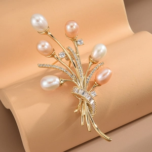 Elegant Copper Freshwater Pearl Bouquet Brooch With Zirconia Inlaid Lily Of The Valley Fashion Jewelry Pin For Women Gift