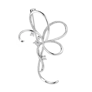Elegant silver bow brooch with micro-paved zircons and sparkling clear crystals for suits