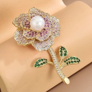High End Camellia Flower Brooch For Women Luxurious Zircon Inlaid Artificial Pearl Corsage Pin For Suit Dress Wedding Party Accessory