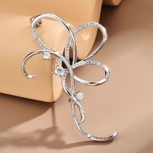 Luxury Copper Ribbon Bow Brooch With Micro Inlaid Zirconia Elegant Silver Brooch Pin For Women Fashion Suit Accessory