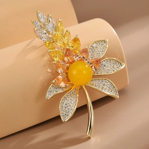 Elegant Wheat Ear Flower Brooch Copper Zirconia Beeswax Inlaid Leaf Pin For Women Suit Coat Accessory Decorative Corsage Jewelry