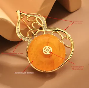 Macro view of gourd brooch with amber gemstone, zircon inlay and polished copper frame