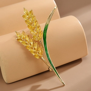 Elegante Spilla a Spiga di Grano in Rame Placcato Oro per Donna Zirconia di Alta Qualità Intarsiata Smalto Verde Gioielli