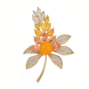 Elegant gold wheat ear flower brooch with colorful amber zircon stones for women
