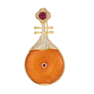 Broche Vintage Ethnique en Forme de Luth Pipa pour Femme Cuivre Zircone Incrusté Cire d'Abeille Artificielle Bijoux Traditionnels