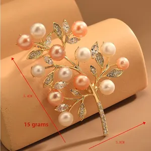 Detailed view showing dimensions of leaf brooch with freshwater pearls and cubic zirconia