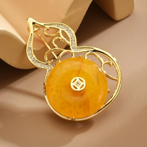 Vintage Copper Gourd Brooch Pin With Zirconia Beeswax Inlaid Traditional Chinese Style Elegant Suit Corsage For Women Jewelry Gift