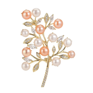 Exquisite leaf brooch with micro-pave zircons and colorful freshwater pearls in gold