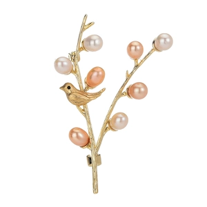 Elegant gold bird on branch brooch with multi-color freshwater pearls for women