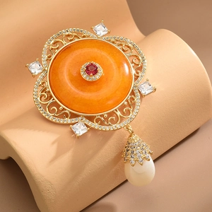 Spilla in Rame Ambra Vintage Con Zirconia Perla Artificial di Conchiglia Intarsiato Traforato Filigrana Pendente Regalo Gioielli Donna