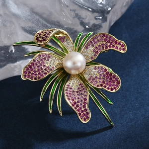 Broche Orchidée Élégante Avec Zircon Künstliche Perle Fleur Violette Émail Plaqué Or Épingle Pour Femmes Bijoux De Costume Mariage