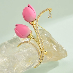 Élégante Broche Fleur de Tulipe en Cuivre avec Zirconia et Émail Rose pour Femmes Accessoire de Bijoux de Mode