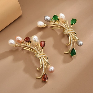 Broche Bouquet de Fleurs en Cuivre Élégante Avec Perle Artificielle et Strass Accessoires de Vêtement pour Femme Bijoux de Fête