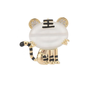 Cute cartoon tiger brooch with golden finish and white opal stone for women's apparel
