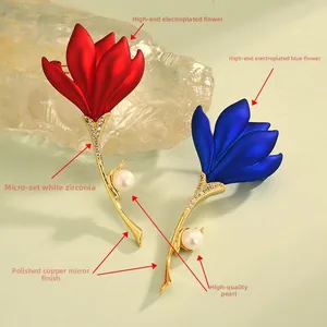 Macro shot of rose brooch with frosted matte petals and zirconia stones on gold stem