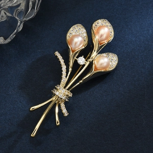 Exquisite golden calla lily brooch with freshwater pearls and sparkling crystals