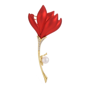 Elegant red flower brooch with gold stem, white pearl accent and sparkling zircon stones