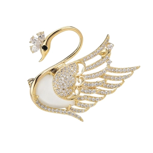 Elegant gold swan brooch with white zircon pavé wings and opal body for suit decoration