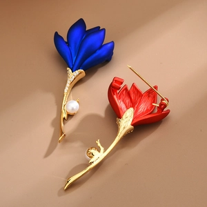 Blue and red flower brooches with zircon accents and pearl drops in a gold-plated setting