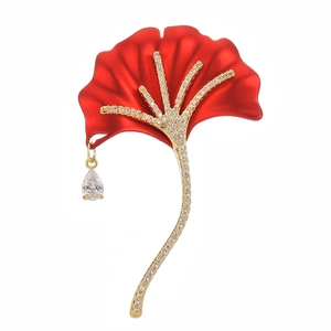 Elegant red ginkgo leaf brooch with white zircons and teardrop pendant accessory