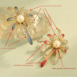Detail of gradient enamel palm tree brooches with micro-set zircons and faux pearls