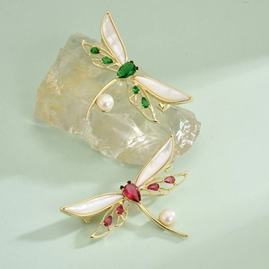 Broche Libellule Vintage Avec Ailes en Nacre Zircone Et Künstliche Perle d'Imitation Cuivre Plaqué Or Bijoux Femme