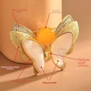 Vue macro de la broche papillon avec ambre, ailes en nacre et micro-sertissage de zircones