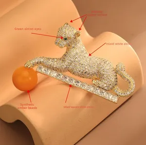 Détail macro d'une broche léopard avec zircons micro-pave et perle d'ambre