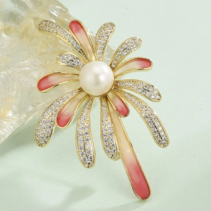 Elegant flower brooch with gradient pink enamel petals, white pearl and zircon accents