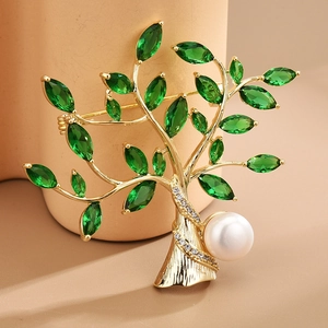 Luxury Money Tree Brooch For Women Gold Plated Copper Green Zirconia White Artificial Pearl Plant Suit Lapel Pin Jewelry Gift